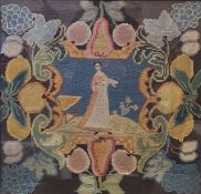 Petitpoint and grospoint woolwork tapestry of a woman and fruit, 40cm x 40.5cm