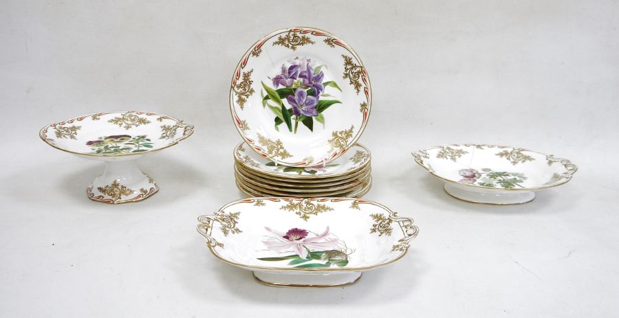 English porcelain Botanical part dessert service, circa 1820, iron-red pattern no.3/3469,