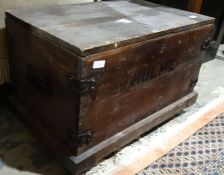 Vintage pine trunk marked Hulme, on plinth base to castors, 61cm x 40cm