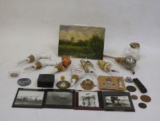 Various pin badges, decanting spouts, photographic plates of aircraft, etc