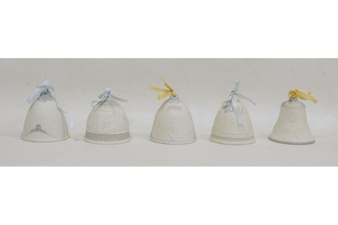 Five Lladro bisque porcelain Christmas bells,  each tied with a little pink ribbon, 1995, 1999, - Image 1 of 3
