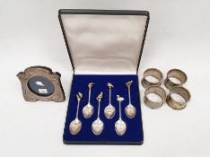 Small silver photograph frame of revived Art Nouveau-style, a set of six enamel bird-topped white