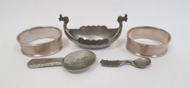 Two silver napkin rings and a pewter model of a viking longboat, etc (1 box)