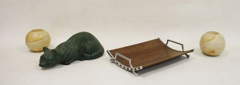 Cast bronze model of a cat, a pair of round marble candle holders and a wooden tray (4)