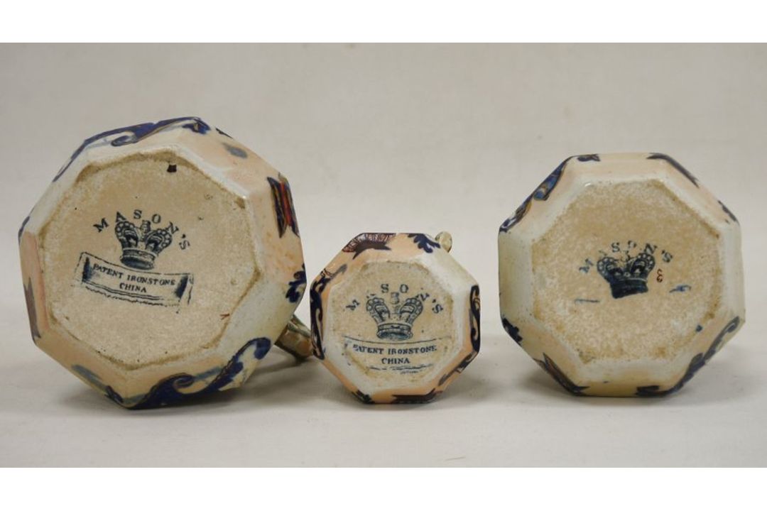 Three Masons ironstone hydra jugs in sizes, 19th century, printed blue marks, printed and painted in - Image 2 of 2