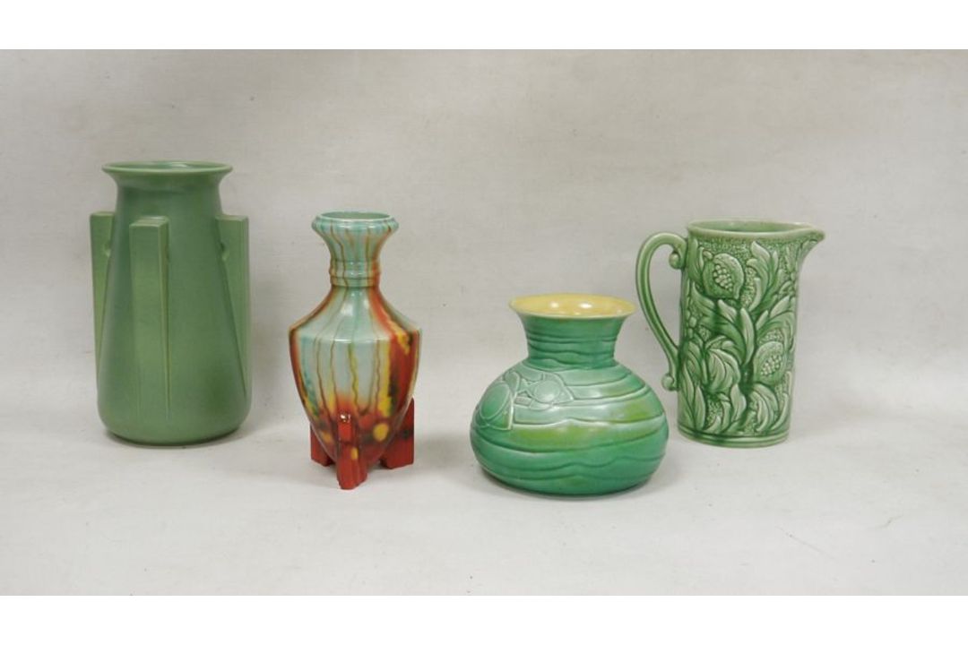 Collection of English Art Deco ceramics, comprising a Bretby pottery turquoise glazed compressed - Image 1 of 5