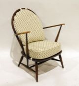 Mid-century modern Ercol stickback chair with loose upholstered seat and back cushion, on turned