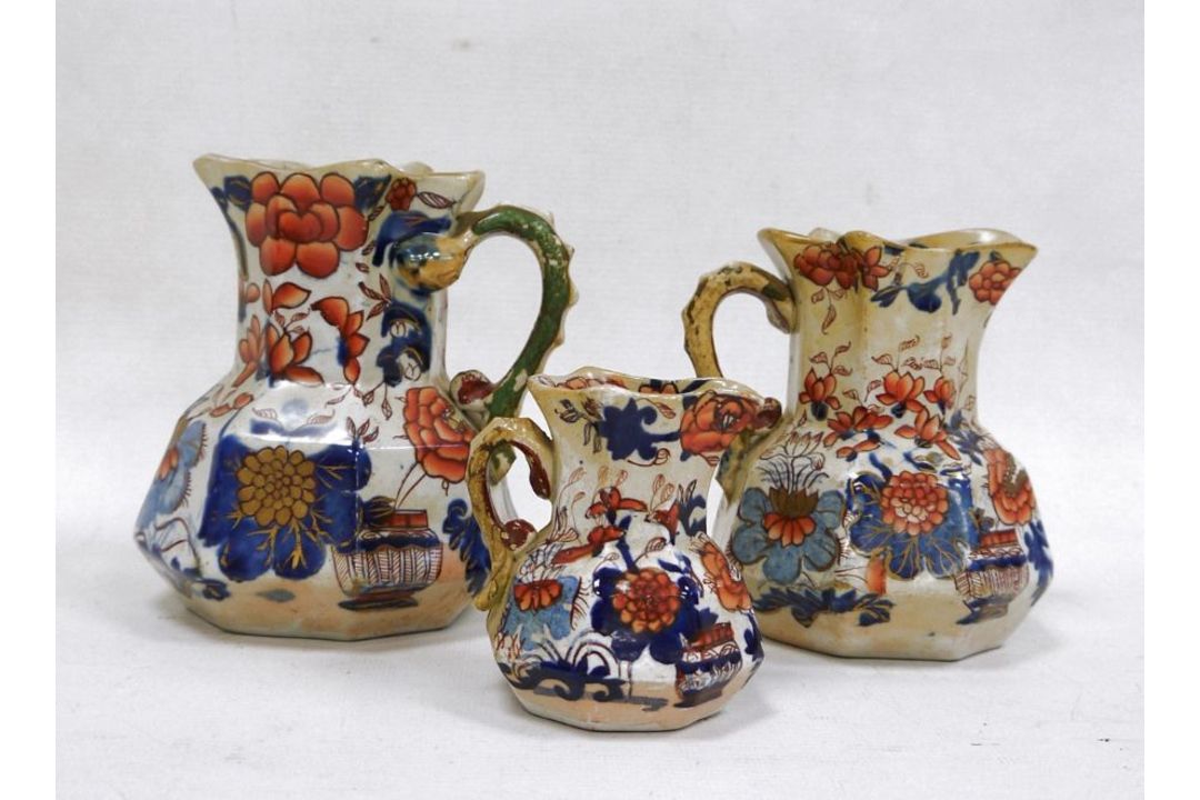 Three Masons ironstone hydra jugs in sizes, 19th century, printed blue marks, printed and painted in - Image 1 of 2