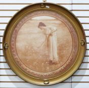 Sepia colour print of a Victorian lady picking flowers