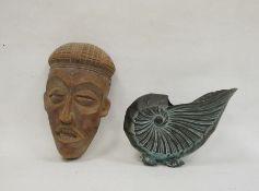 Carved wooden African mask and a bronze vase in the form of a shell (2)