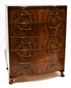 20th century walnut bowfront chest of five drawers, to squat cabriole legs, 77cm x 102cm