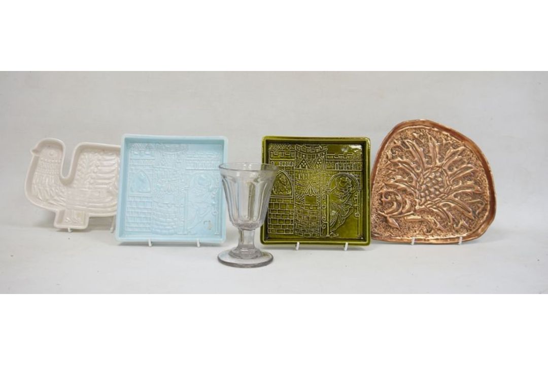 Poole pottery trays, arts and crafts style copper tray and a 19th century faceted glass (5)Condition - Image 1 of 11