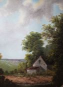 Unattributed Oil on card  Rustic scene of derelict cottage in trees looking across a fenced
