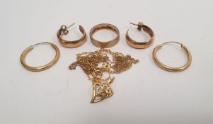 9ct gold heart-shaped and white stone set pendant with chain link necklace, a pair of 9ct gold