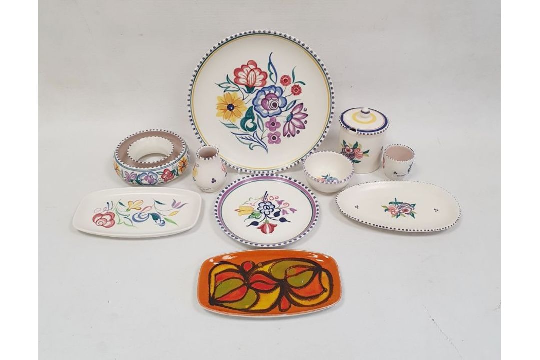 20th century Poole pottery to include lidded jar, plates, small vases, etc (10)