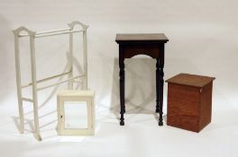 White painted towel rail, a pine box, a side table and a white painted wall-hanging mirrored