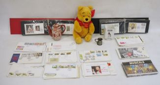 Collection of first day covers, a Winnie the Pooh soft toy, a Johnnie Walker jug and a Japanese-
