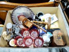 Wooden stereoscope, a set of six clear and cranberry glass wines and further ceramics, glass and