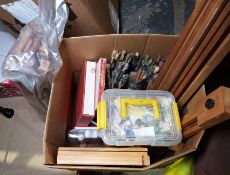 Two artist's easels together with various paints and paint brushes (1 box)