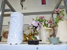 Three onyx table lamps, A Balkari table lamp with figurine base, two faux-bonsai trees and a walking