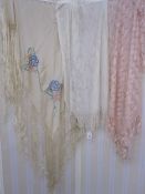 Two vintage cobweb shawls, one cream, one pink and a Chinese-style silk embroidered shawl with a