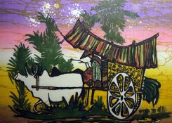 Eastern school  Paintings on fabric  Eastern village scenes, one indistinctly signed 'KH Enq(?)'