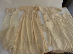 A vintage silk/bib front shirt,a lace fichu , lace and silk christening gown with petticoats,