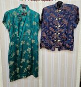 Three Chinese style satin jackets, a patchwork cotton jacket with batwing sleeves and frog