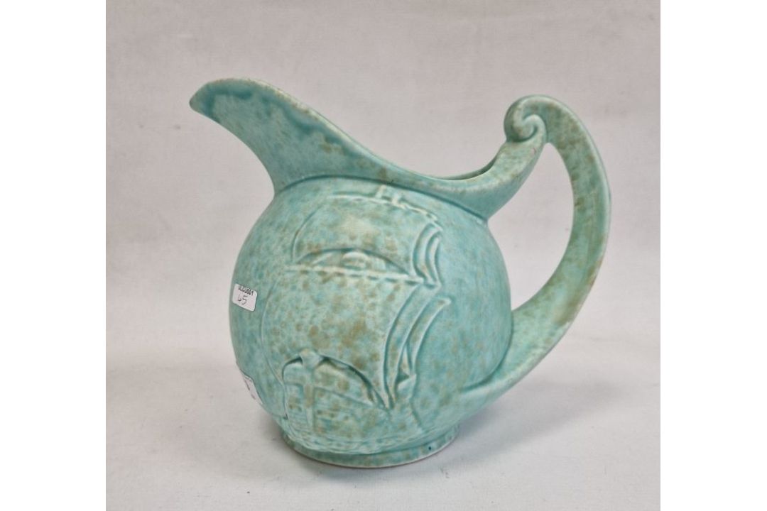 Sylvac-style pottery sailing galleon jug with scroll handle, mottled turquoise ground, 19.5cm high - Image 3 of 5