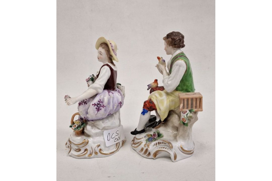 Pair continental porcelain figures of lady seated with flowers and basket of flowers at her feet, - Image 2 of 3