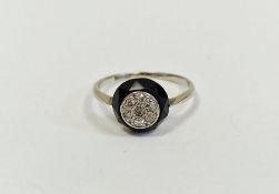 18ct white gold, diamond and black onyx memorial ring with cluster of seven tiny diamonds to the