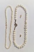 Two strings of modern pearls and pair earrings