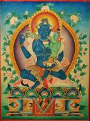 20th century Tibetan school  Watercolour on card (?) Blue Tara Green Tara, unsigned, marked verso '