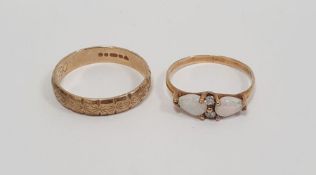 9ct gold wedding ring, engraved flowerheads and a 9ct gold opal and diamond ring set two tear-shaped