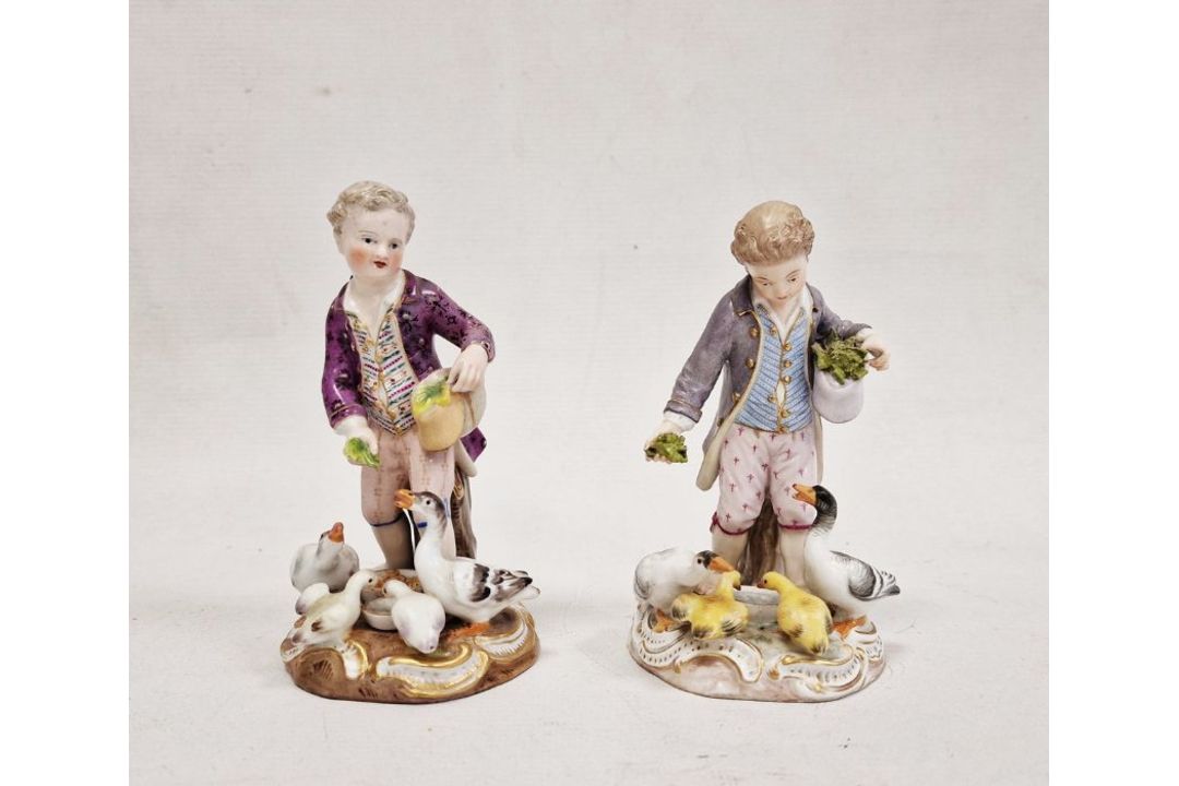 19th century Meissen figure of boy feeding ducks, on gilt scroll decorated circular base, 12cm - Image 1 of 14