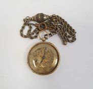 19th century gold-coloured metal and engraved fob watch, the engine-turned and scroll-engraved