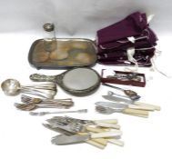 Electroplated wares to include muffineer with glass body, flatware, tray, etc (1 box)