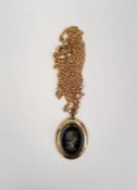 Gold-coloured metal and seedpearl chain with intaglio modern pendant, 4g approx., the chain with