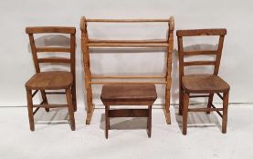 Two elm-seated child's ladderback chairs, a beech towel rail and a stool (4)