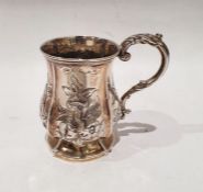 Victorian silver christening mug, baluster shaped, panelled with floral repousse, scroll handle,