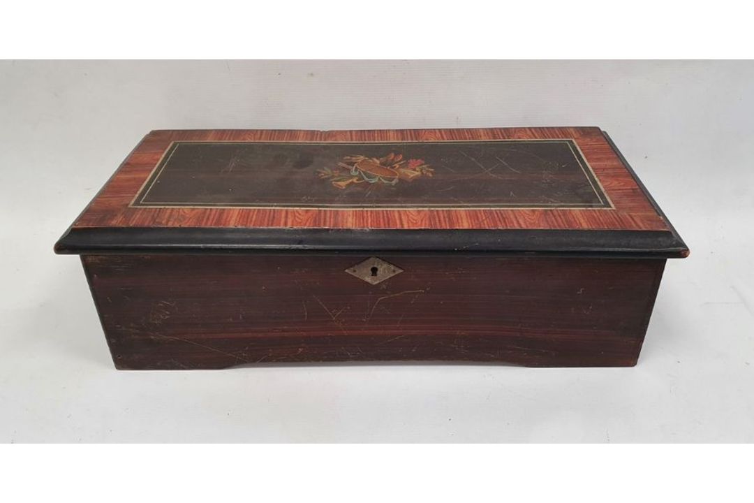 Cylinder musical box with painted decoration to the lid, opening to reveal mechanism, apparently - Image 1 of 2