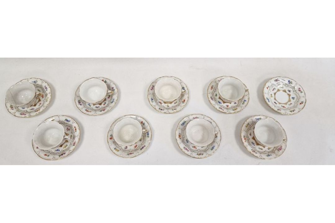 Set of eight Meissen coffee cups and saucers, each with scalloped everted rim, painted with pansy, - Image 2 of 19