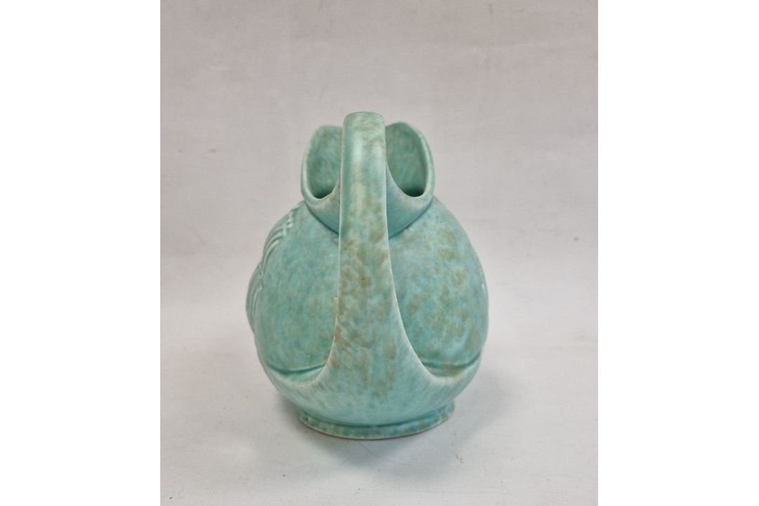 Sylvac-style pottery sailing galleon jug with scroll handle, mottled turquoise ground, 19.5cm high - Image 2 of 5