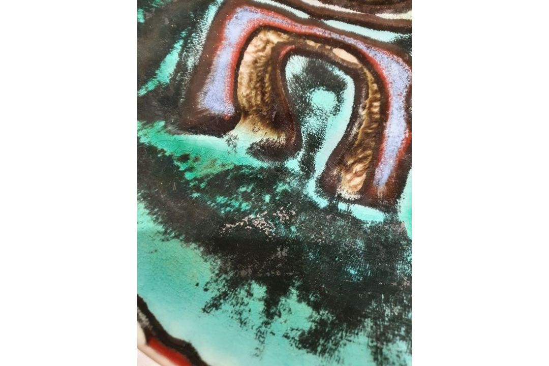 Poole pottery 'Delphis' circular plate, abstract turquoise multi-coloured with red border and - Image 6 of 19