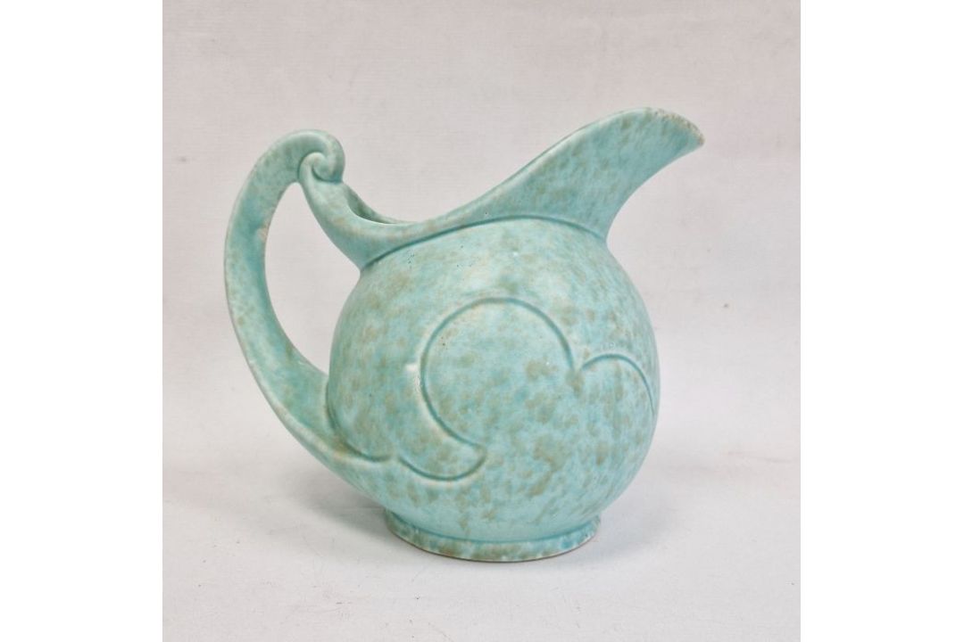 Sylvac-style pottery sailing galleon jug with scroll handle, mottled turquoise ground, 19.5cm high - Image 1 of 5
