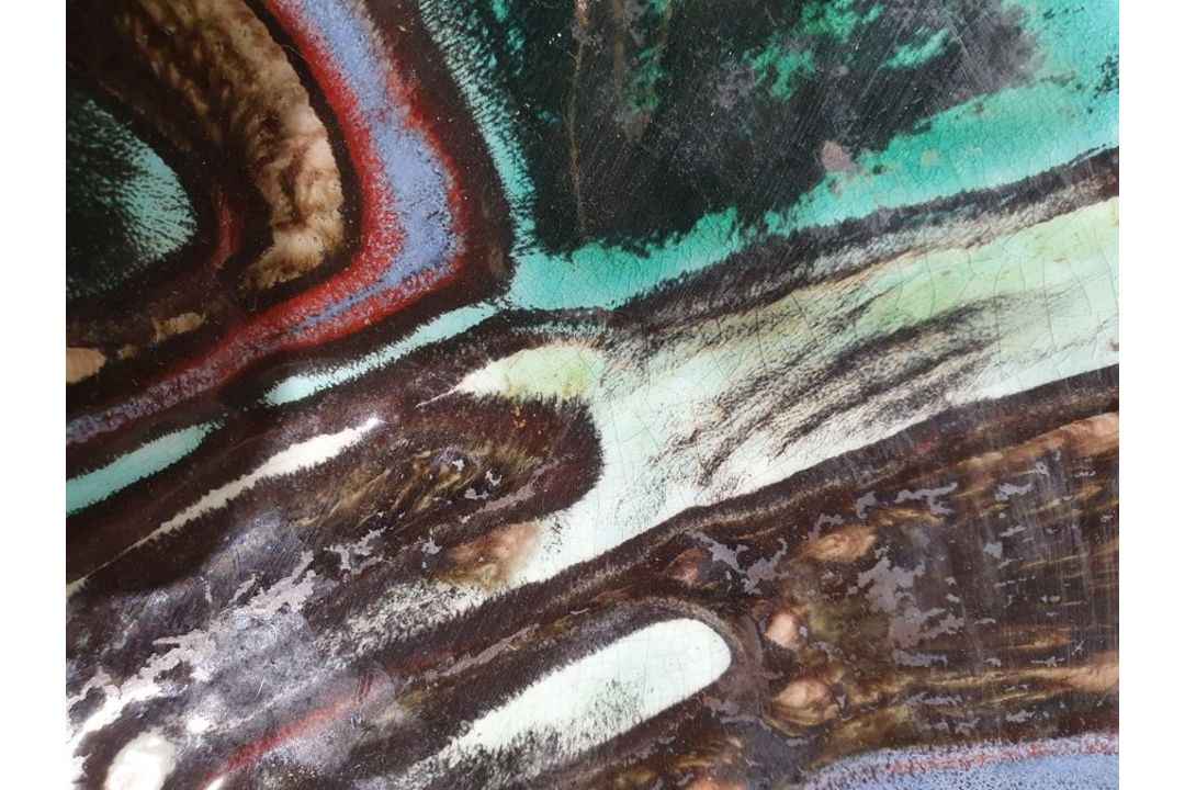 Poole pottery 'Delphis' circular plate, abstract turquoise multi-coloured with red border and - Image 4 of 19