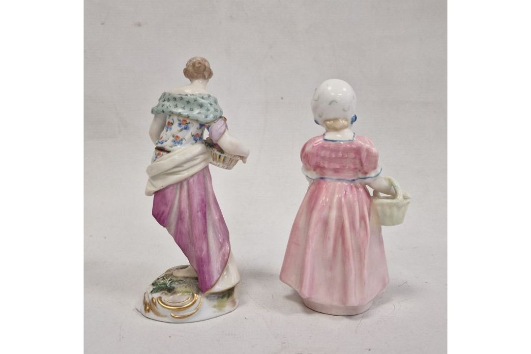 19th century Meissen porcelain figure of classical maiden with basket of flowers, 13cm high and - Image 2 of 14