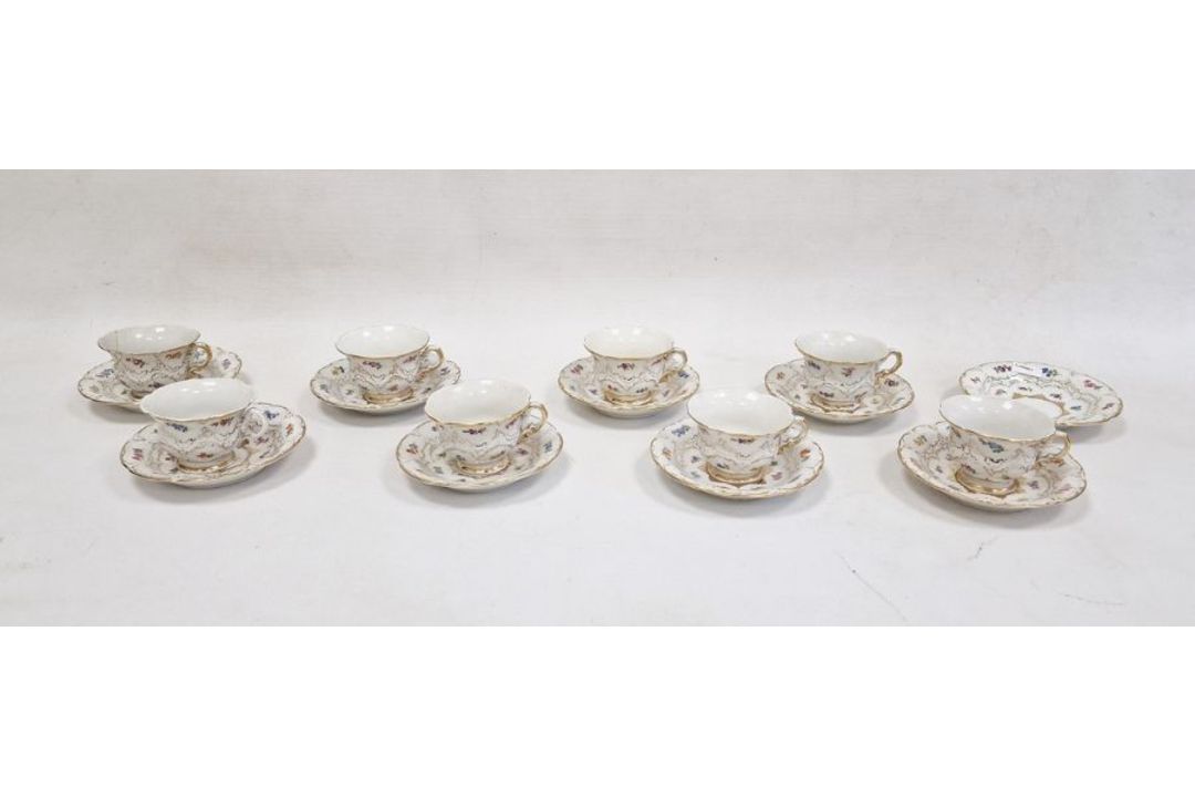 Set of eight Meissen coffee cups and saucers, each with scalloped everted rim, painted with pansy, - Image 1 of 19