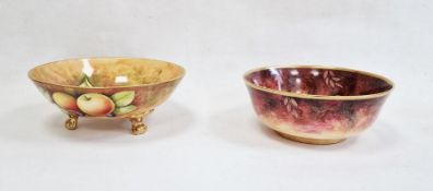 Coalport fruit painted bowl, circular, by N Lear, on gilt foliate scroll supports, 26cm diameter and