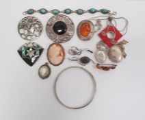 Silver and carved shell cameo brooch with oval female portrait, a silver and amber-coloured bar